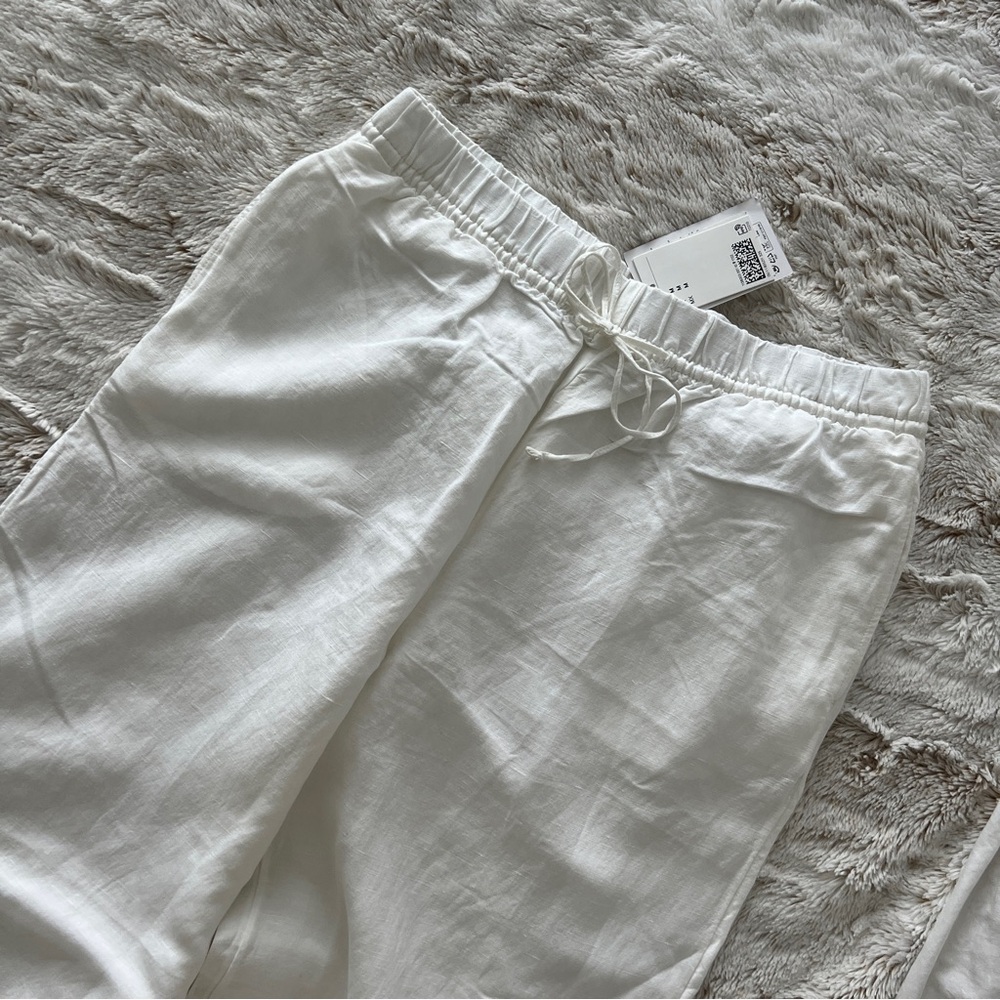 H&M White Linen-Blend Drawstring Pants